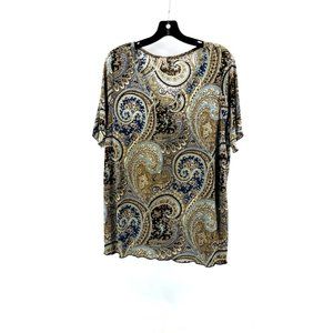 Susan Lawrence Women's Plus Brown Paisley Short Sleeve Stretch Top Shirt 2X